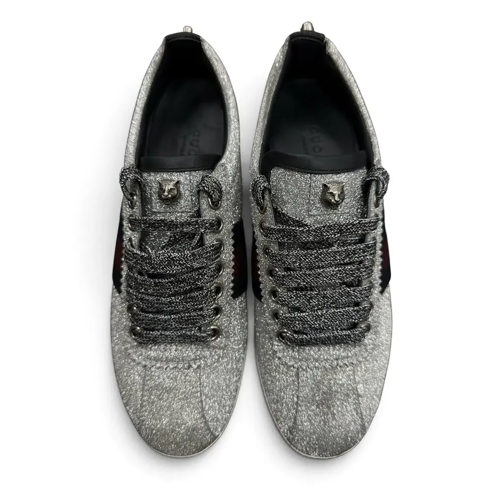 Gucci Women’s US 5/5.5 Bambi Web Low-Top Silver Glitter Sneakers